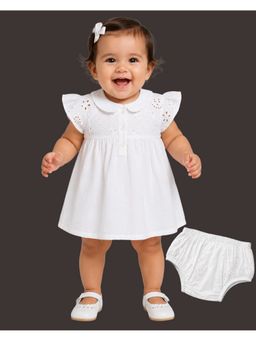 Creative Kids - Baby White Cotton Schiffli Flutter Sleeve Dress