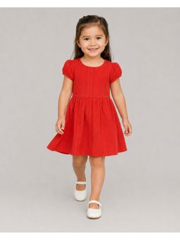 Creative Kids - Girls Solid Red Puff Sleeve Flared Dress