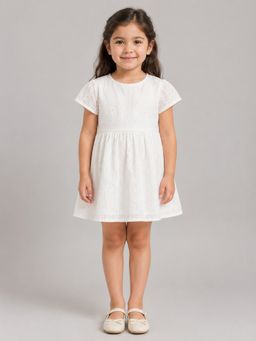Creative Kids - Girls White Embroidered Puff Sleeve Dress