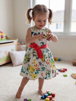 Creative Kids - Toddler Floral Dress With Red Bow Belt