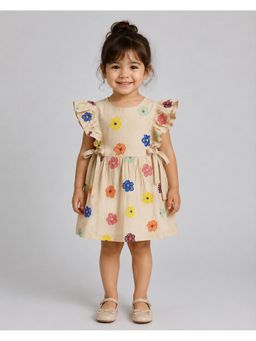 Creative Kids - Girls Beige Floral Embroidered Ruffle Dress