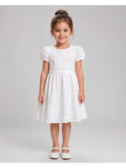 Creative Kids - Girls White Schiffli Puff Sleeve Flared Dress