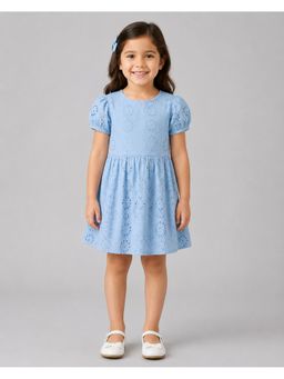 Creative Kids - Girls Light Blue Cotton Schiffli Puff Sleeve Dress