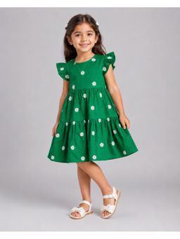 Creative Kids - Girls Green Cotton Floral Embroidered Dress