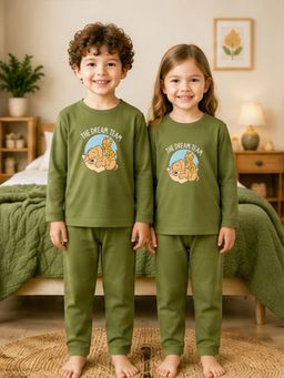 The Natkhat Tales - Olive Kids Cotton Everyday Comfort Nightwear T-Shirt with Pyjama
