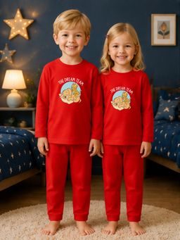 The Natkhat Tales - Red Kids Cotton Gentle Comfort Nightwear T-Shirt with Pyjama