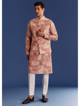 KALKI FASHION - Rust Cotton Silk Costal Print Kurta with Pant and Jacket (Set of 3)