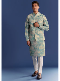 KALKI FASHION - Blue Cotton Silk Costal Print Kurta with Pant and Jacket (Set of 3)