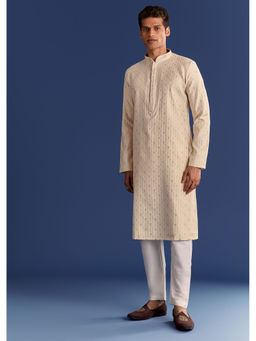 KALKI FASHION - Beige Printed Banaras Jacquard Kurta and Pant (Set of 2)
