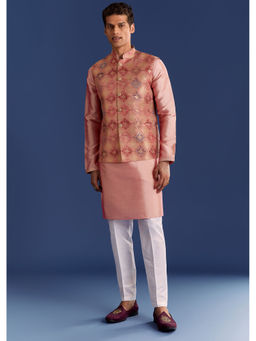 KALKI FASHION - Peach Brocade Printed Kurta with Pant and Jacket (Set of 3)
