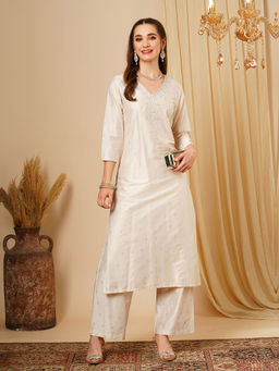 Globus - Ivory Embroidered Straight Kurta and Palazzo (Set of 2)