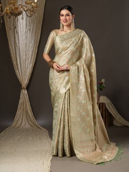 Akhilam - Womens Silk Blend Light Green Woven Design Designer Saree with Unstitched Blouse