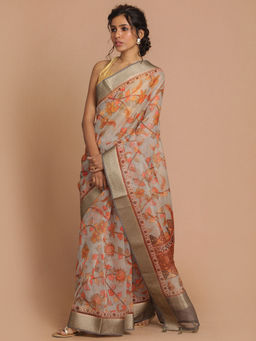 Indethnic - Banarasi Grey Printed Party Wear Saree With Unstitched Blouse