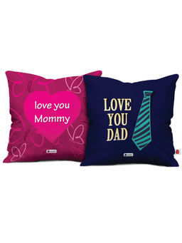 Indigifts - Love You Mommy & Love You Dad Multi Cushion Cover with Filler Set 2 (12X12 Inches)
