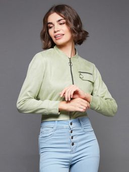 Miss Chase - Womens Light Green Full-Sleeve Solid Crop Polyester Jacket