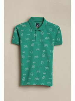 Allen Solly - Boys Green Print Collar Neck Polo T-Shirt