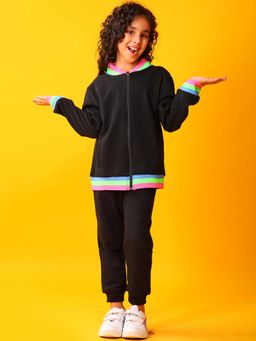 ANTHRILO - Black Neon Rib Zipper Girls Fleece Sweatshirt With Joggers