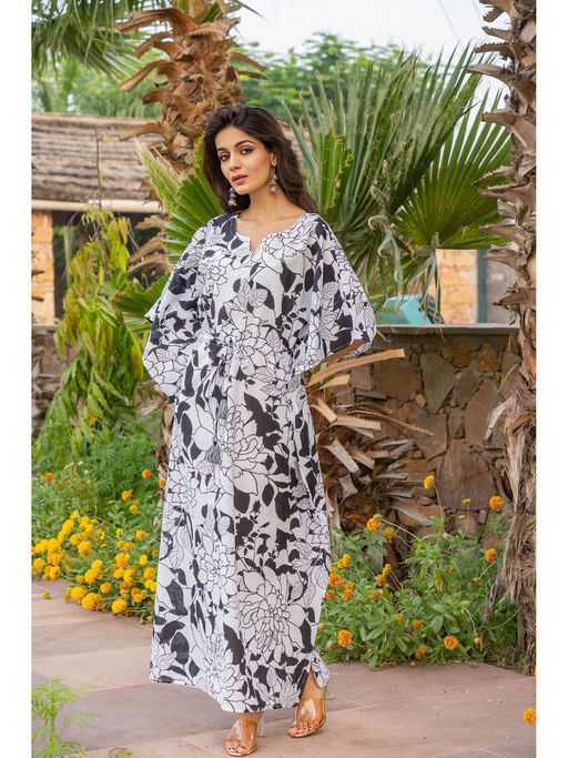 Buy NAVYAS FASHION White Floral Long Kaftan Dress Online