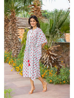 NAVYAS FASHION - Red Floral Hand Block Printed Cotton White Kaftan Dress