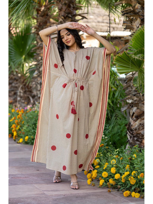 Buy NAVYAS FASHION Bagru Polka Dot Printed Cotton Kaftan Dress Online