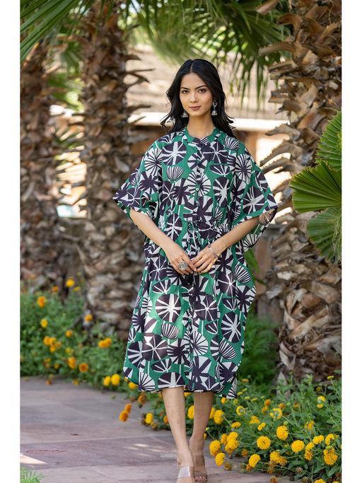 Buy NAVYAS FASHION Green Floral Hand Block Printed Cotton Kaftan