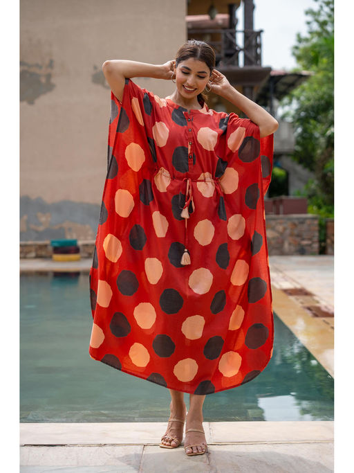 Buy NAVYAS FASHION Red Polka Block Printed Kaftan Dress Online