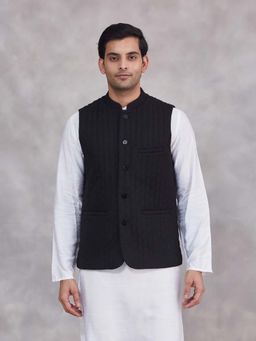Fabindia - Black Wool Quilting Slim Fit Nehru Jacket