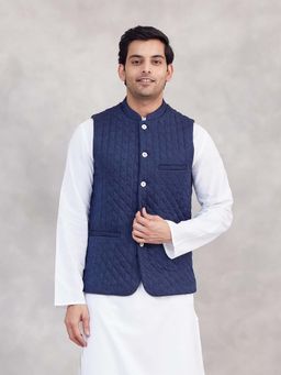 Fabindia - Blue Wool Quilting Slim Fit Nehru Jacket