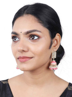 Estele - Gold Plated Elegant Gehena Jhumka Earrings with Mint Pink Beads for Women