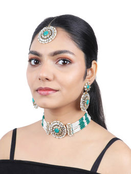 Estele - Gold-Plated Captivating Gehena Necklace Set & Maang Tikka with Green Beads for Women