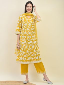 Shree - Women Mustard Floral Print Kurta with Comfort Pant and Dupatta (Set of 3)