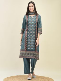 Shree - Women Liva Blue Floral Print Kurta with Comfort Pant and Dupatta (Set of 3)