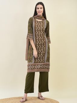 Shree - Women Liva Olive Floral Print Kurta with Comfort Pant and Dupatta (Set of 3)