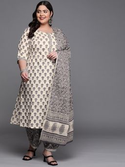 Extra love by Libas - Off-White Printed Cotton Straight Kurta Sets for Women