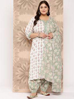 Extra love by Libas - White Printed Cotton Straight Kurta Sets for Women