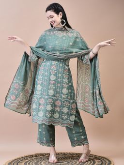 Shree - Women Silk Green Floral Print Kurta with Comfort Pant and Dupatta (Set of 3)