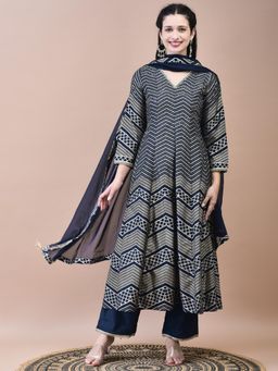 Shree - Women Navy Blue Print Kurta with Comfort Pant and Dupatta (Set of 3)