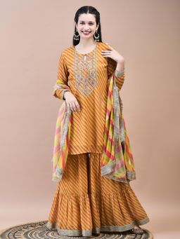 Shree - Women Georgette Mustard Kurta with Sharara and Dupatta (Set of 3)