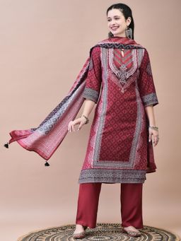 Shree - Women Muslin Maroon Bandhani Print Kurta with Comfort Pant and Dupatta (Set of 3)