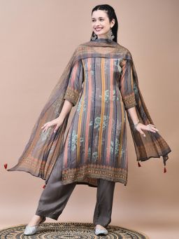 Shree - Women Crepe Grey Floral Print Kurta with Comfort Pant and Dupatta (Set of 3)