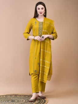 Shree - Women Mustard Kurta with Trouser and Chanderi Dupatta (Set of 3)