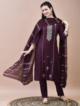 Shree - Women Wine Kurta with Trouser and Chanderi Dupatta (Set of 3)
