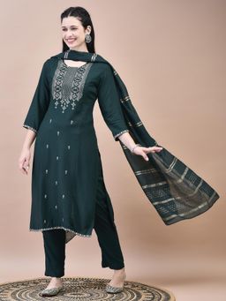 Shree - Women Liva Green Kurta with Trouser and Chanderi Dupatta (Set of 3)