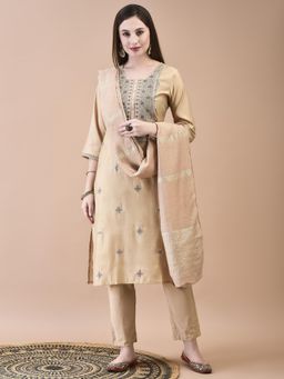 Shree - Women Chanderi Cream Kurta with Trouser and Dupatta (Set of 3)