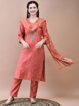 Shree - Women Chanderi Coral Kurta with Comfort Pant and Dupatta (Set of 3)