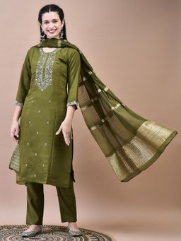 Shree - Women Chanderi Olive Kurta with Trouser and Dupatta (Set of 3)
