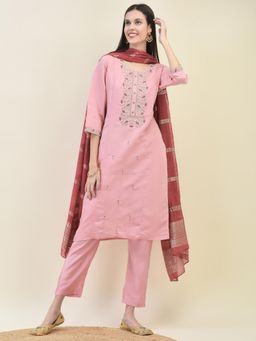 Shree - Women Chanderi Pink Kurta with Comfort Pant and Dupatta (Set of 3)