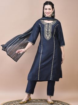 Shree - Women Poly Silk Blue Kurta with Trouser and Chanderi Dupatta (Set of 3)