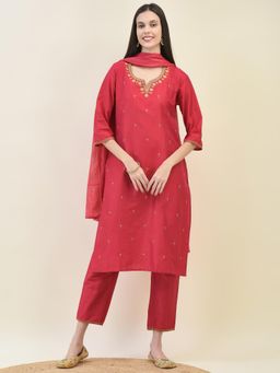 Shree - Women Poly Silk Red Kurta with Trouser and Dupatta (Set of 3)