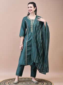 Shree - Women Poly Silk Green Kurta with Trouser and Dupatta (Set of 3)